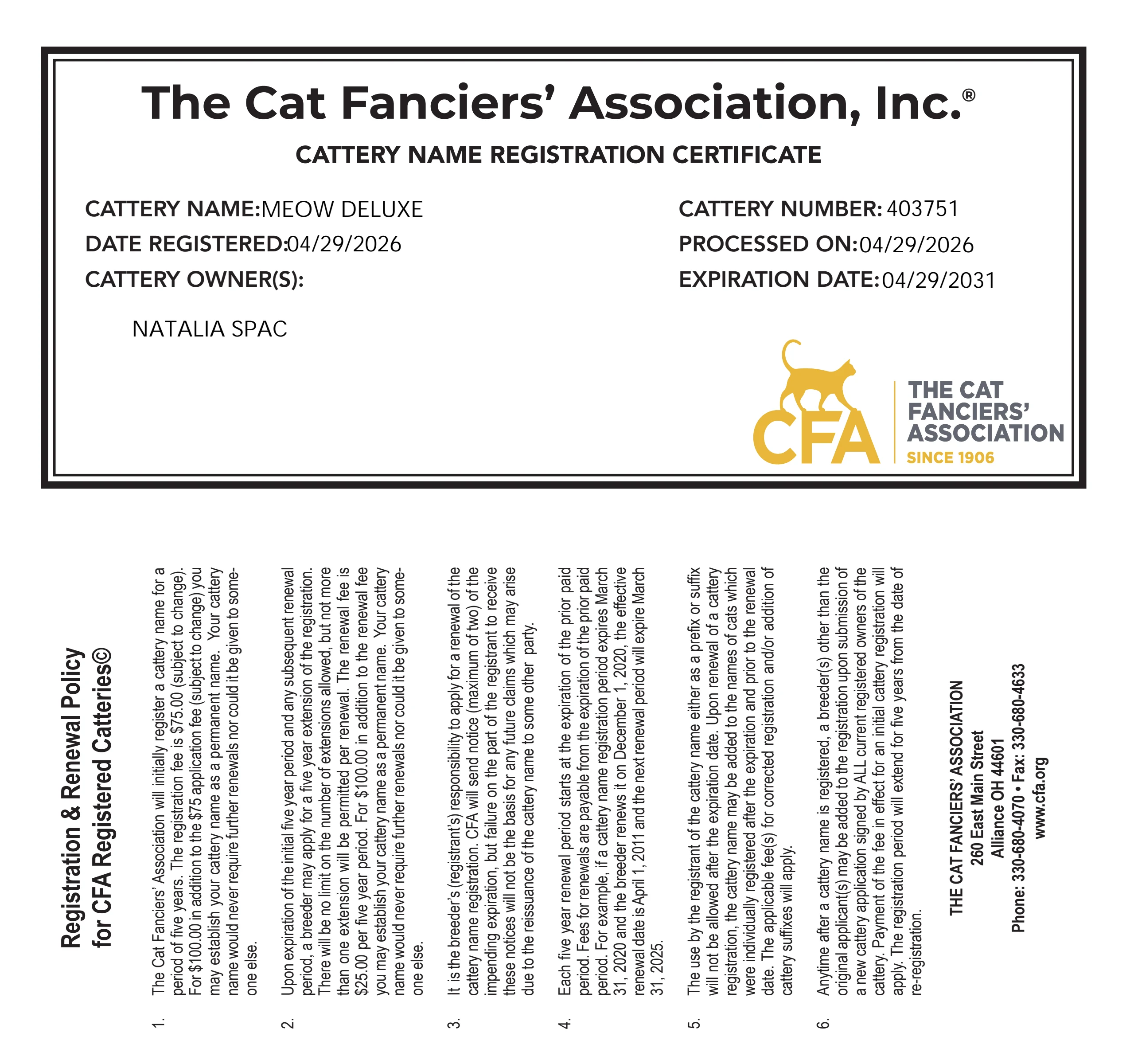 CFA cattery name registration certificate preview